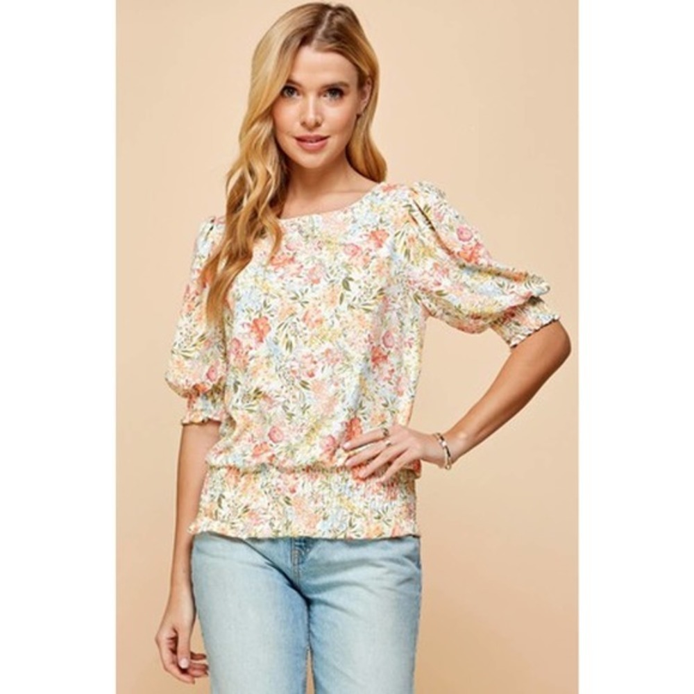 Floral Puff-Sleeve Blouse in Multi Pastel